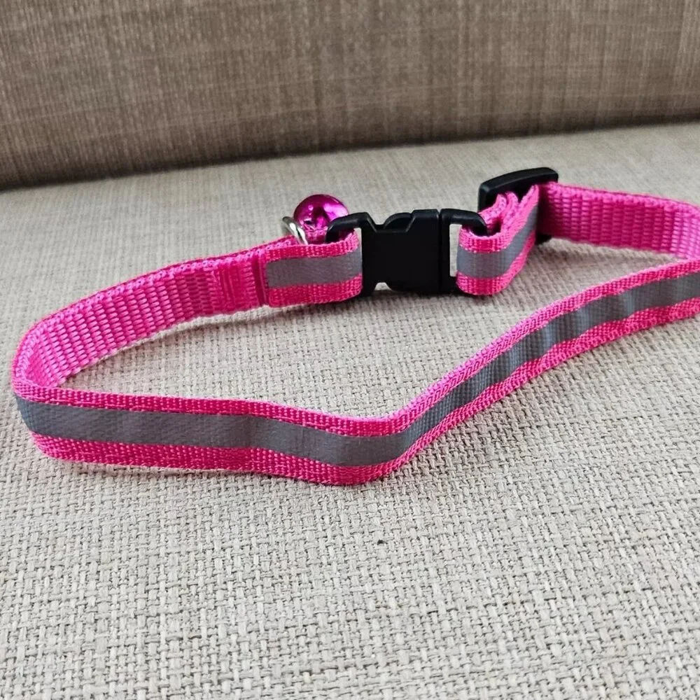 Cat Collar W/ Bell Pink/Gray Reflective Nylon Cat Safety Collar Size Adjust